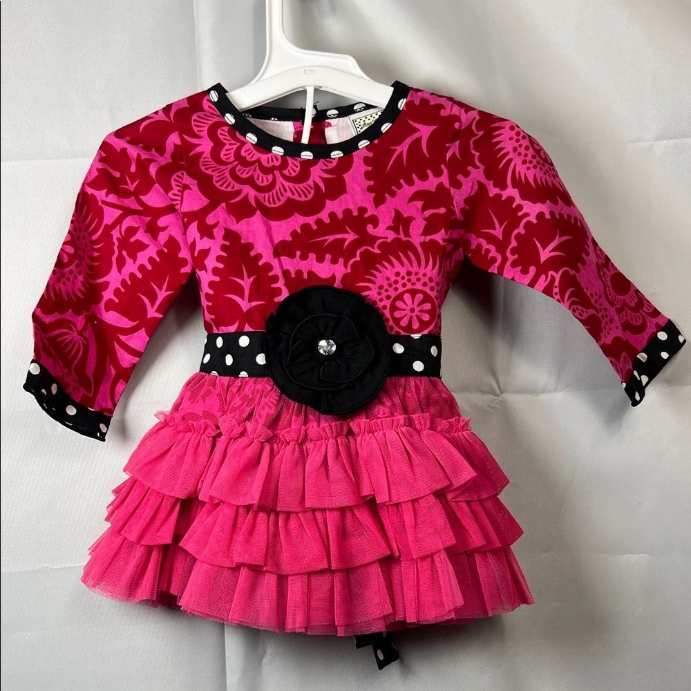 Ann Loren fuchsia and black ruffle skirt long sleeve dress size 12-18 months NWT - Picture 2 of 14